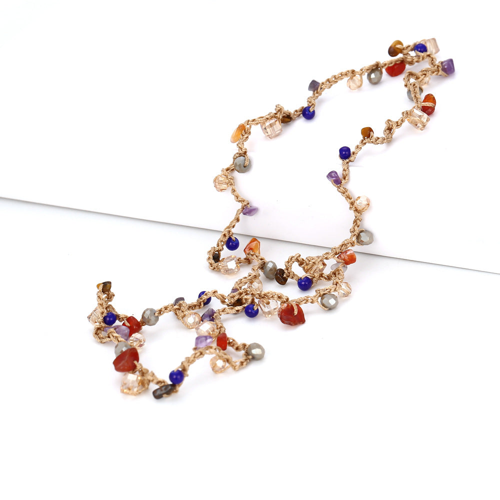 Wholesale Handwoven Colorful Gravel Glass Crystal Natural Stone Long Necklace